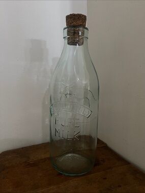 Antique Clear Glass Milk Bottle with Cork Stopper - Pure Milk Embossed